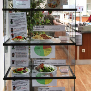 Die Tagesgerichte werden in einer Vitrine vor dem Buffet präsentiert. Hier wird über Inhaltsstoffe und Kalorien aufgeklärt (Foto: Abfallmanager Medizin)
