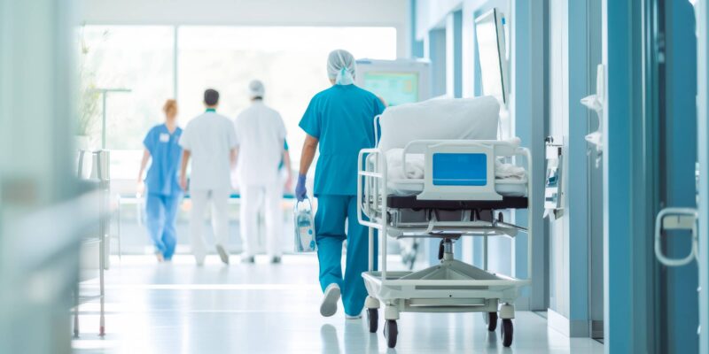 Krankenhausflur mit Mitarbeitenden im Hintergrund (Foto: VisualProduction)