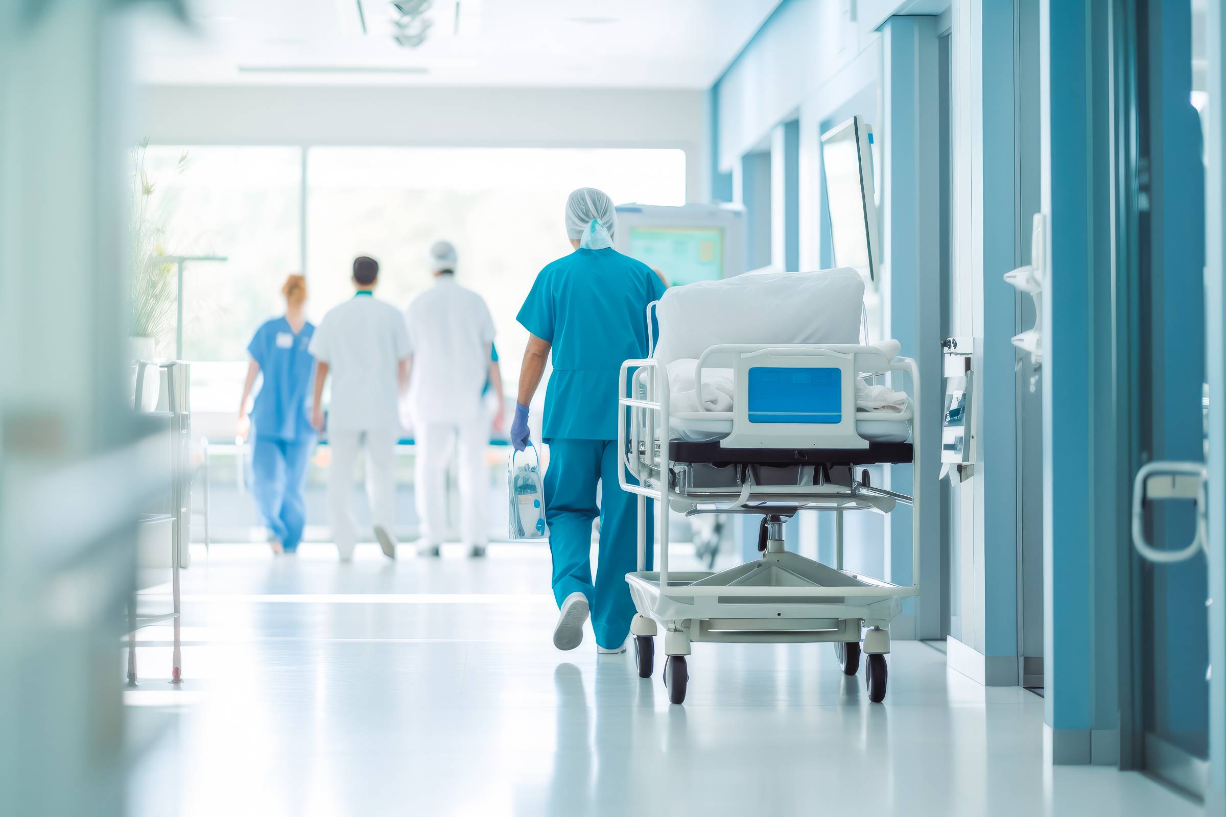 Krankenhausflur mit Mitarbeitenden im Hintergrund (Foto: VisualProduction)