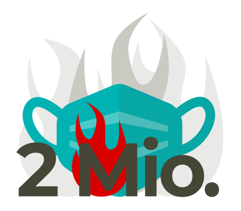 Grafische Darstellung von Maske und Flammen sowie dem Zusatz 2 Mio.