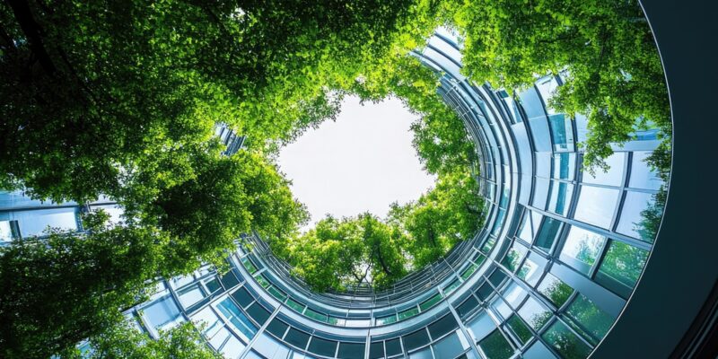 Bild aus grünem Innenhof nach oben.