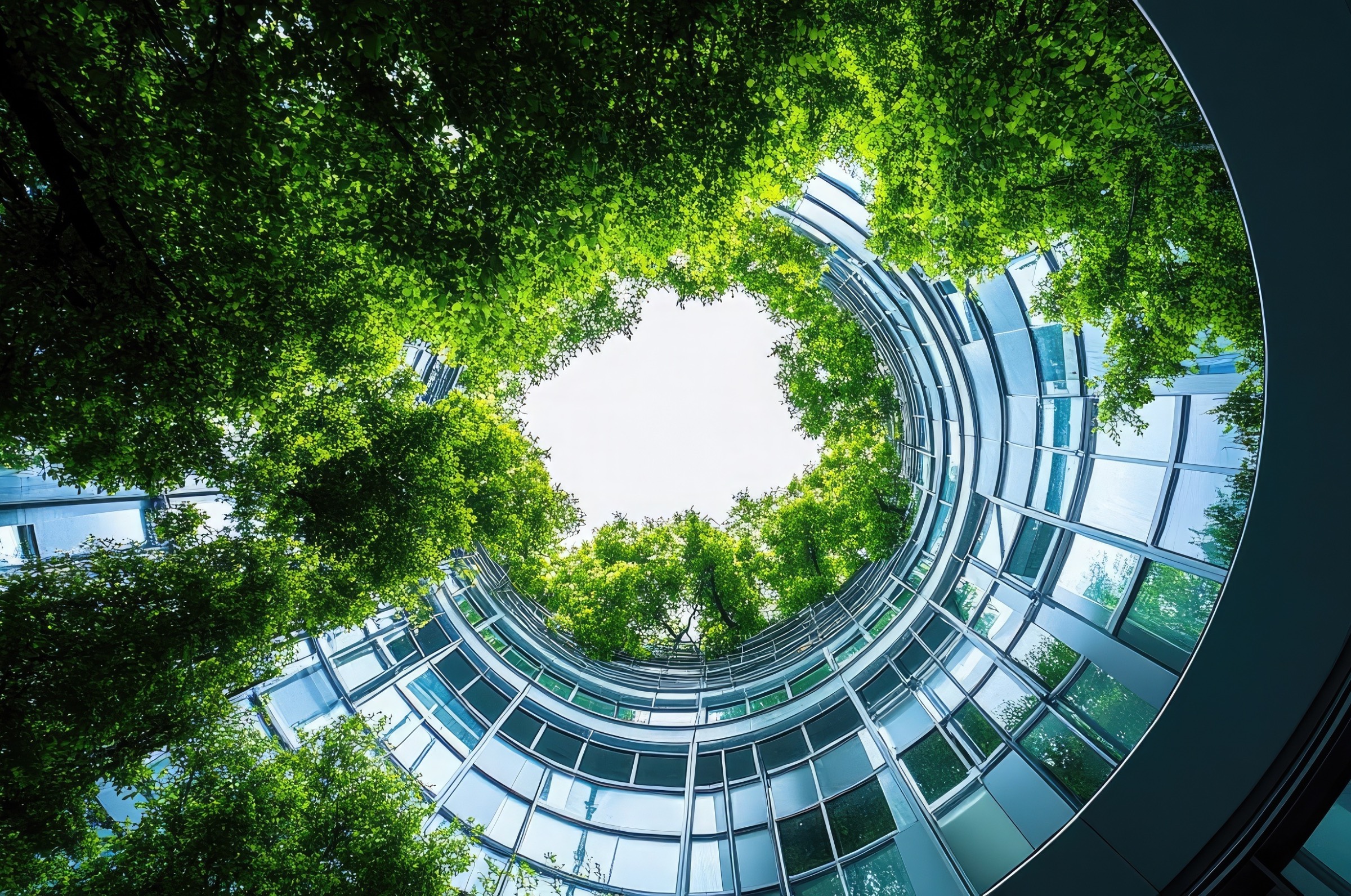 Bild aus grünem Innenhof nach oben.