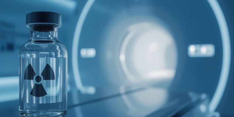 CT im Hintergrund und medizinischen Fläschchen mit Zeichen für Radioaktivität.