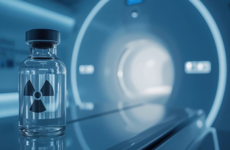 CT im Hintergrund und medizinischen Fläschchen mit Zeichen für Radioaktivität.