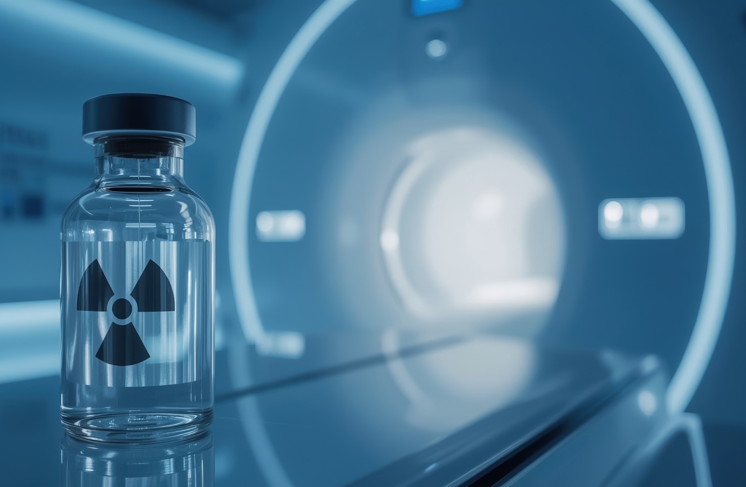 CT im Hintergrund und medizinischen Fläschchen mit Zeichen für Radioaktivität.