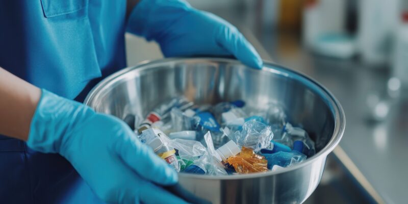 Schlüssel mit verschiedenen Abfälle in den Händen einer Person, die medizinische Handschuhe trägt (Foto: David Zarzosa)