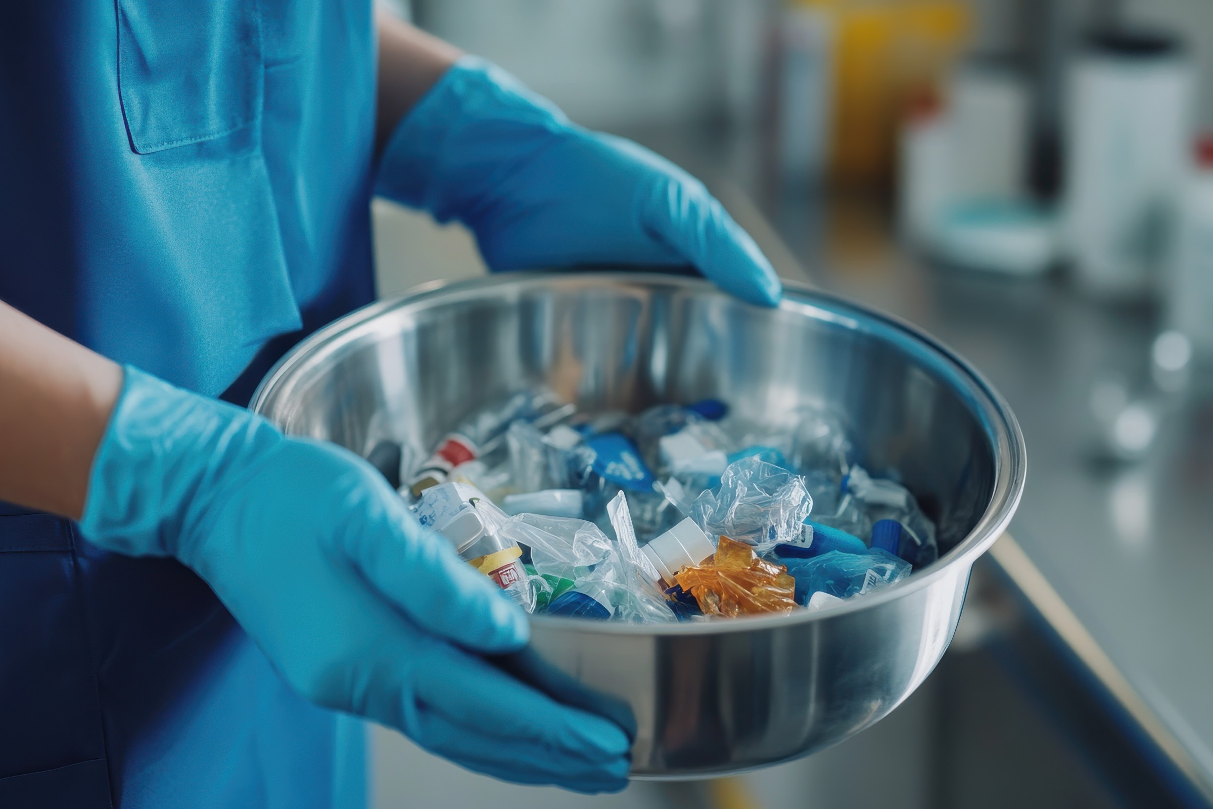 Schlüssel mit verschiedenen Abfälle in den Händen einer Person, die medizinische Handschuhe trägt (Foto: David Zarzosa)