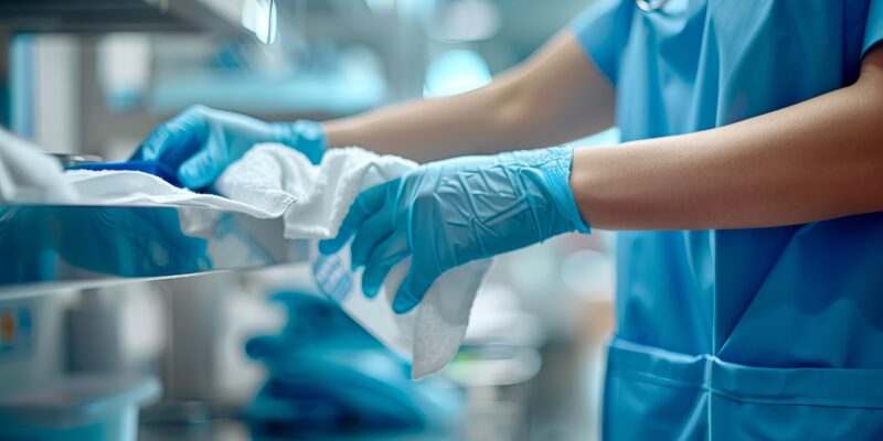 Person des Gesundheitswesen verräumt Dinge und trägt Schutzhandschuhe (Foto: Renata Hamuda, Adobe Stock)